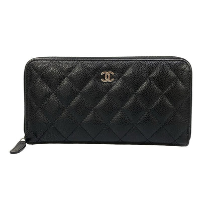 Chanel Wallet Quilted Black Zip Around Silver