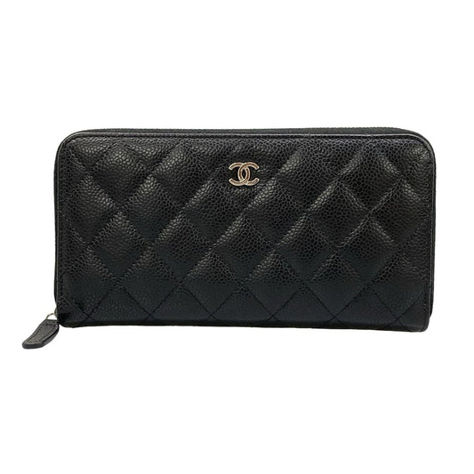 Chanel Wallet Quilted Black Zip Around Silver