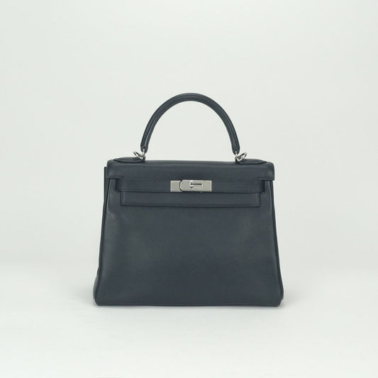 Hermes Kelly 28 Tote Shoulder Bag Grain Blue Indigo Blueindigo Silver 2-Way