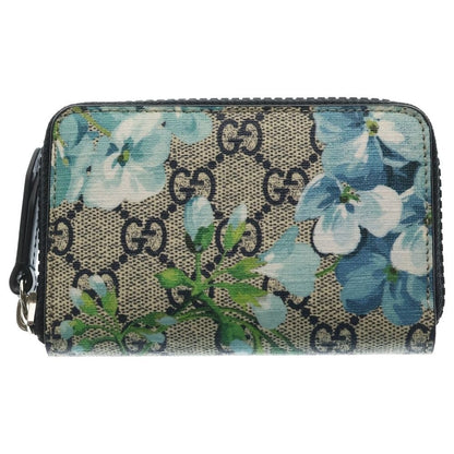 Gucci GG Blooms Flower Print Compact Wallet Beige Blue Leather