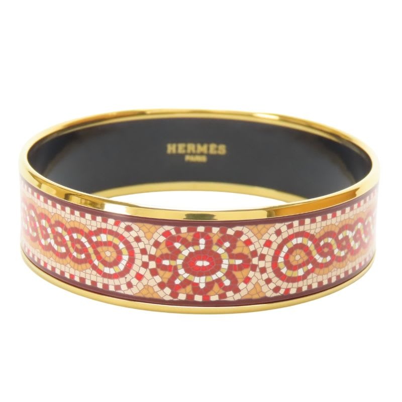 Hermes Bangle Enamel GM Mosaic Pattern Metal Red Gold Cloisonne Bracelet
