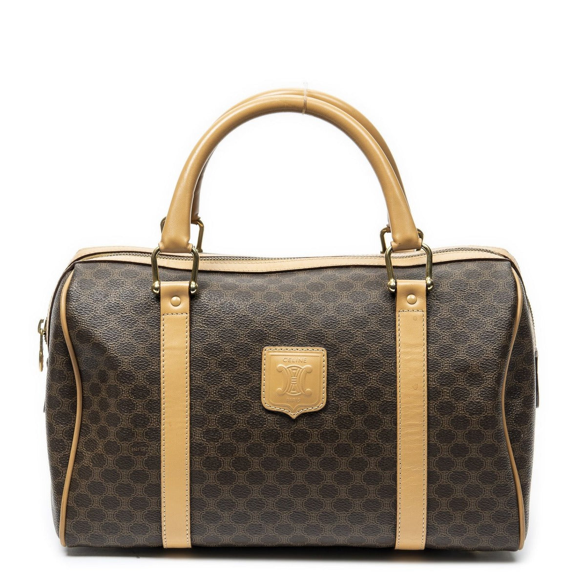 Celine Vintage Small Boston Brown Light Macadam Canvas Shoulder Bag Brown.
