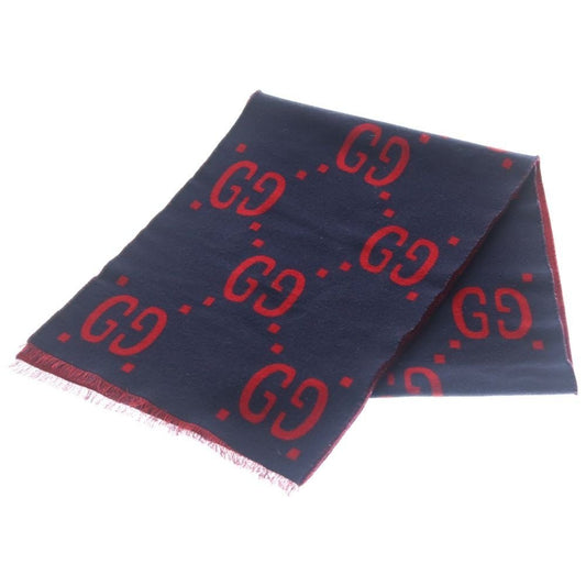 Gucci Jumbo GG Logo Wool Silk Scarf Red Navy