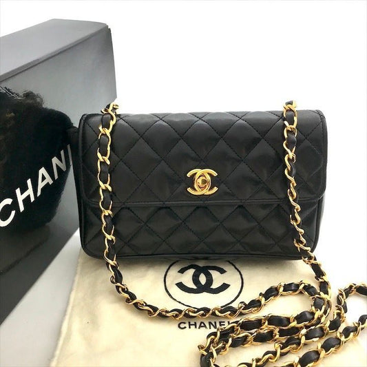 Chanel CC Logo Mini Quilted Turnlock Lambskin Chain Shoulder Bag Black