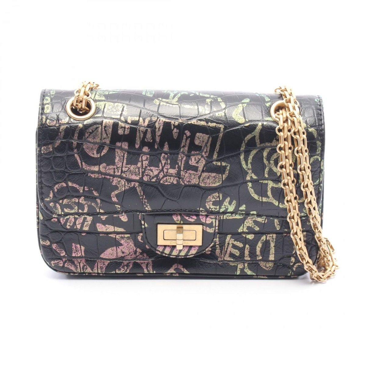 Chanel Shoulder Bag 2.55 Mademoiselle Chain Croco Embossed Black Multi Leather