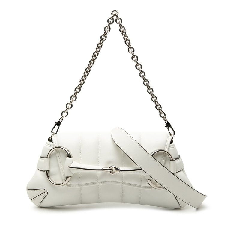 Gucci Horsebit Shoulder Bag Handbag White Leather Women's