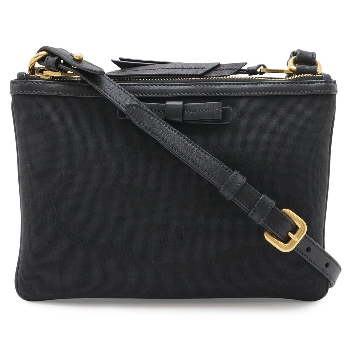 Prada Logo Jacquard Ribbon Shoulder Bag Pochette 2-Way Clutch Leather Nero