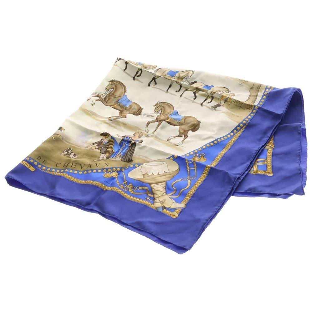 Hermes Presentation de Chevavx Carre 90 Silk Horse Print Scarf Blue