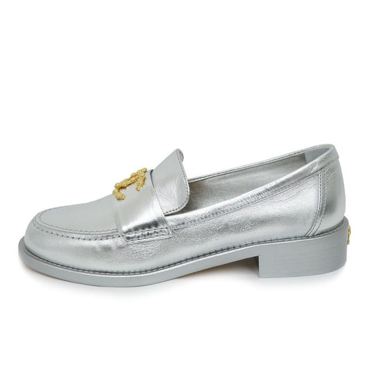 Chanel CC Logo Leather Loafers Silver Gold Hardware 37 1 2