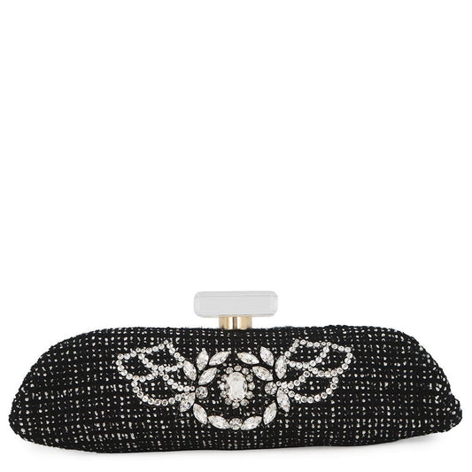 Chanel Clutch CC Logo Bijou Crystal Tweed Party Black
