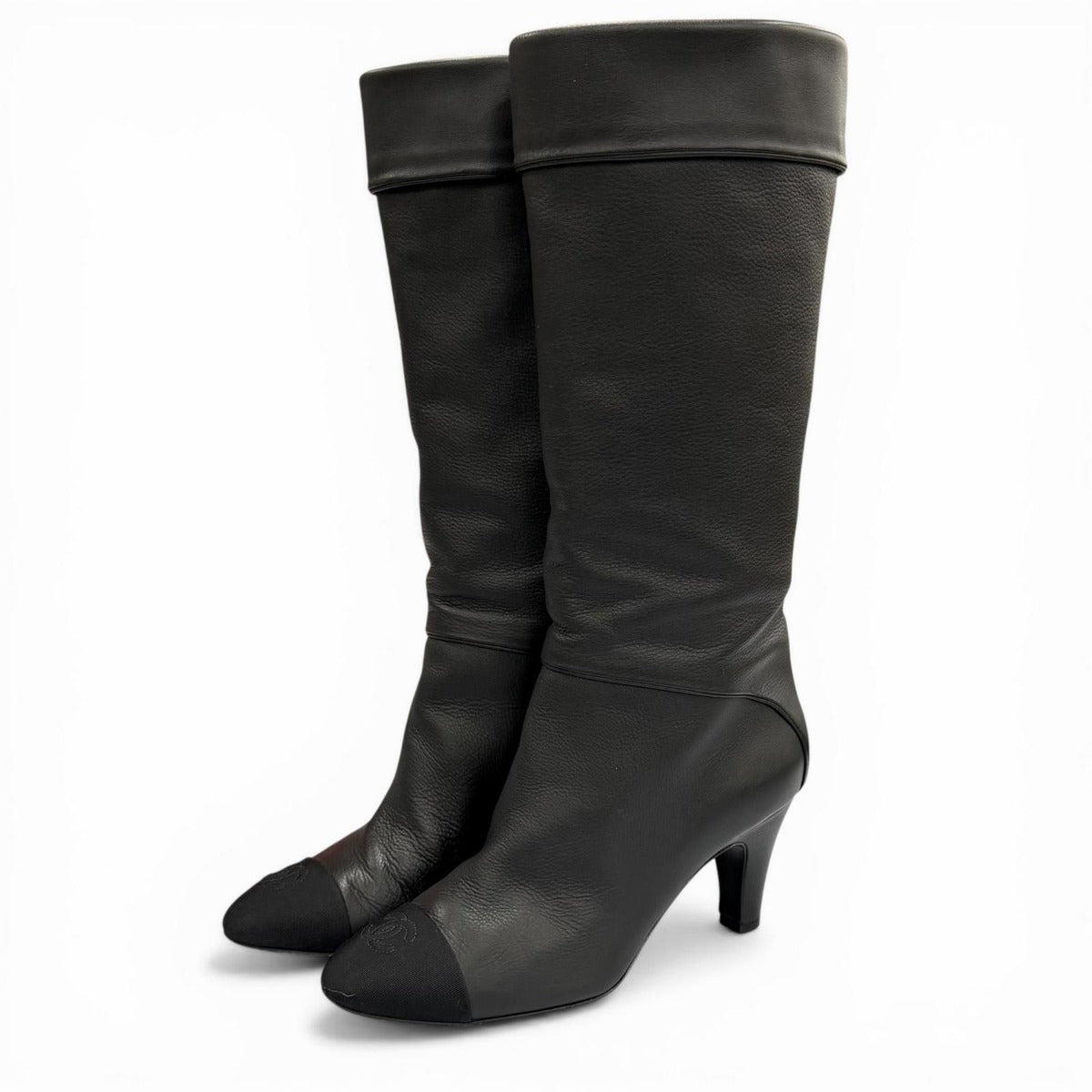 Chanel CC Logo Stitch Chunky Heel Round Toe Leather Long Boots Black