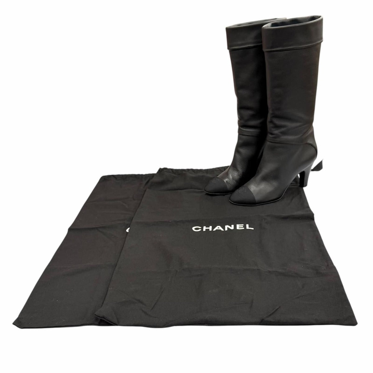 Chanel CC Logo Stitch Chunky Heel Round Toe Leather Long Boots Black — view 2