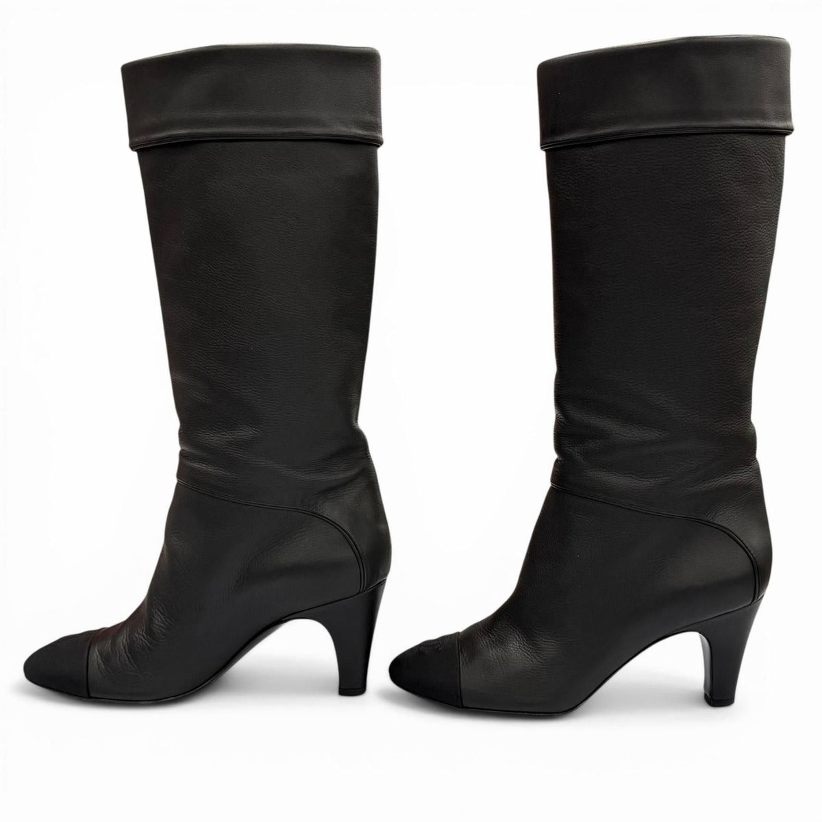 Chanel CC Logo Stitch Chunky Heel Round Toe Leather Long Boots Black — view 3