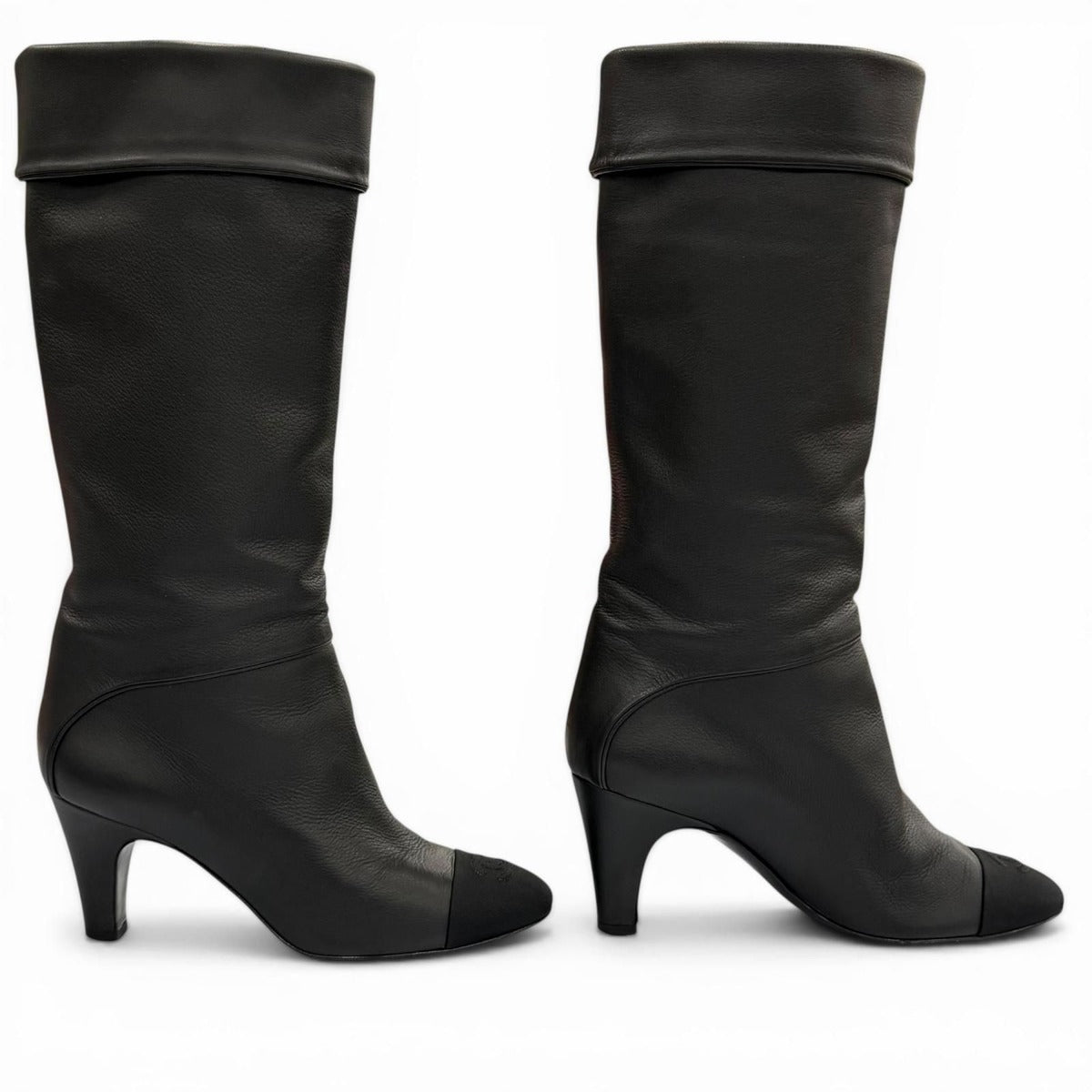 Chanel CC Logo Stitch Chunky Heel Round Toe Leather Long Boots Black — view 4