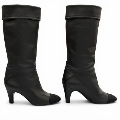 Chanel CC Logo Stitch Chunky Heel Round Toe Leather Long Boots Black — view 4