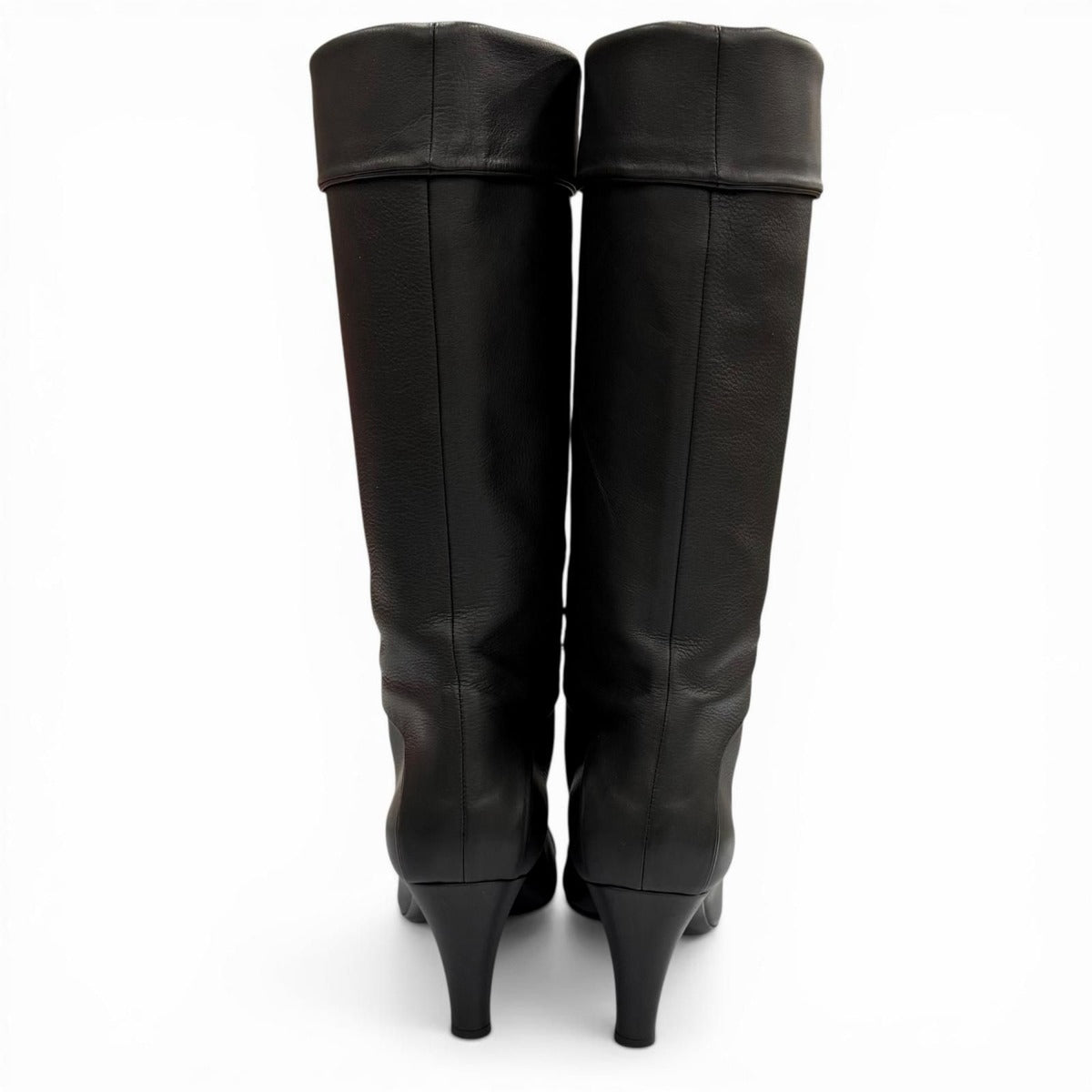 Chanel CC Logo Stitch Chunky Heel Round Toe Leather Long Boots Black — view 5