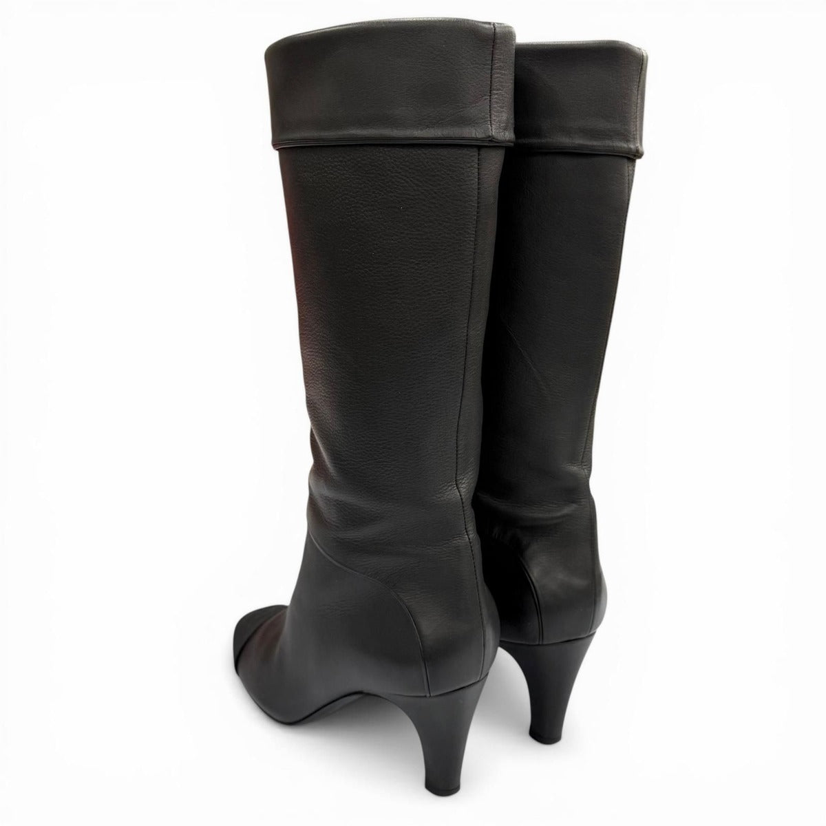 Chanel CC Logo Stitch Chunky Heel Round Toe Leather Long Boots Black — view 6