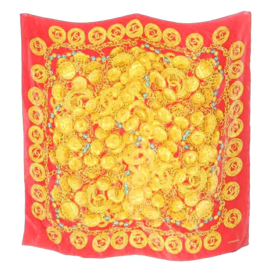 Chanel Vintage Chain Pattern Silk Scarf Red