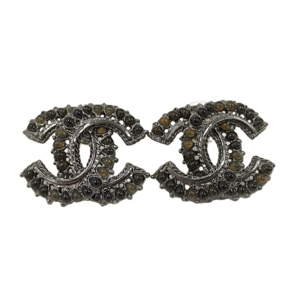 Chanel CC Logo Earrings Rhinestone Silver Plated