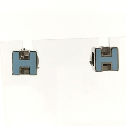 Hermes Cage Ash Cube Earrings H Logo Blue Silver Plated