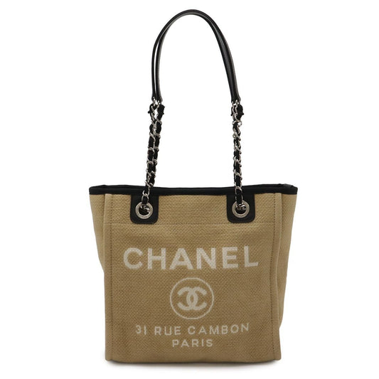 Chanel Deauville Tote PM Shoulder Bag Chain Canvas Leather Beige Silver