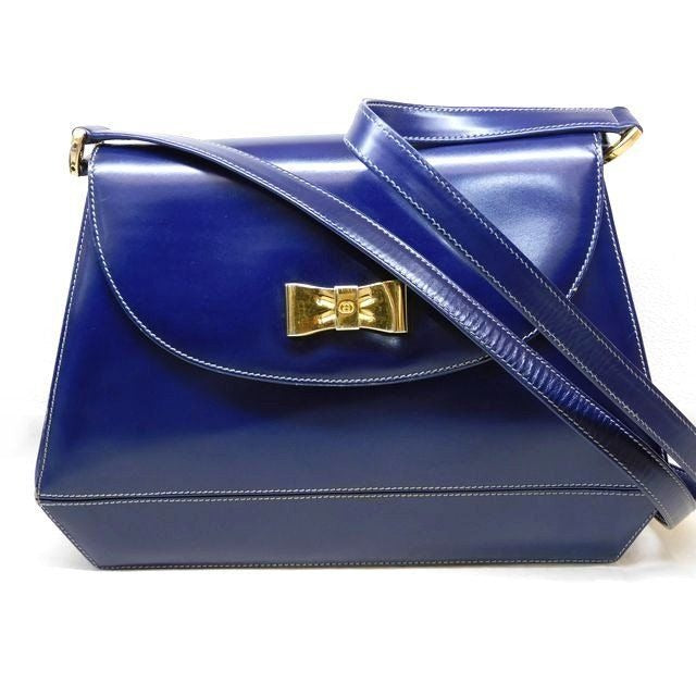 Gucci Vintage Leather Navy Shoulder Bag Ribbon