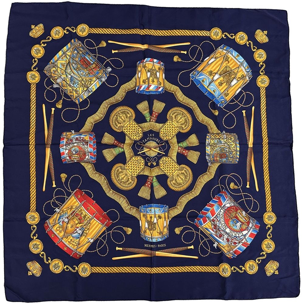 Hermes Scarf Carre 90 les Tambours Tambour Drum Silk Navy Multicolo