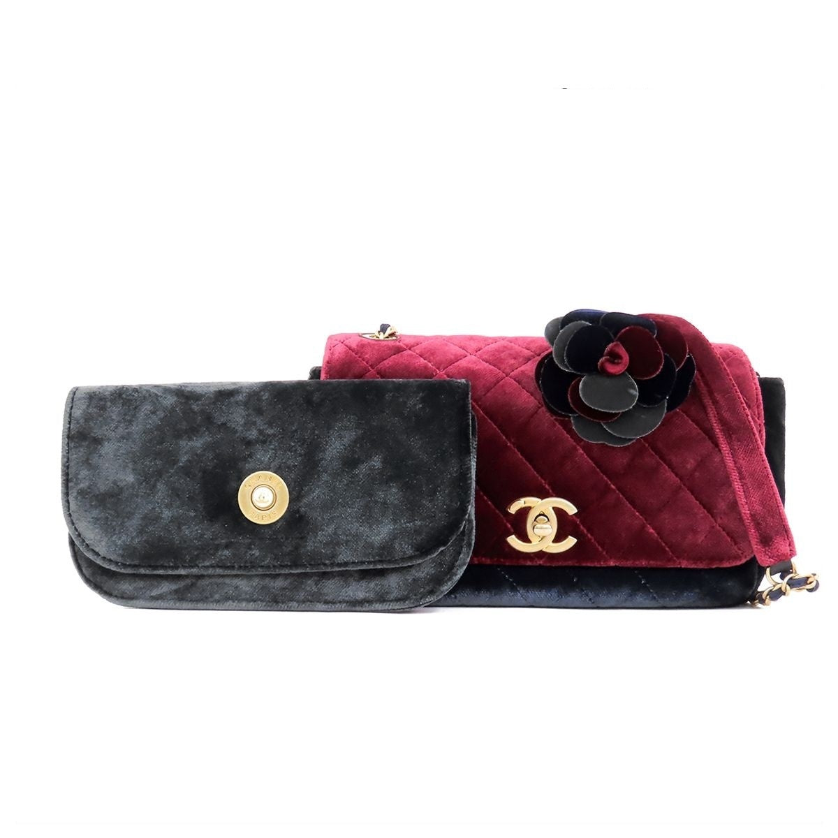 Chanel CC Logo Flap Bag Chain Bordeaux Navy Black Gold Silver Velour Camellia