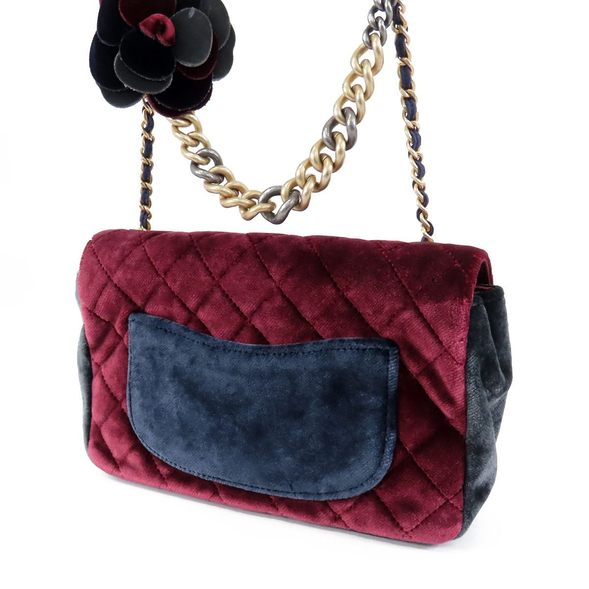 Chanel CC Logo Flap Bag Chain Bordeaux Navy Black Gold Silver Velour Camellia — view 2