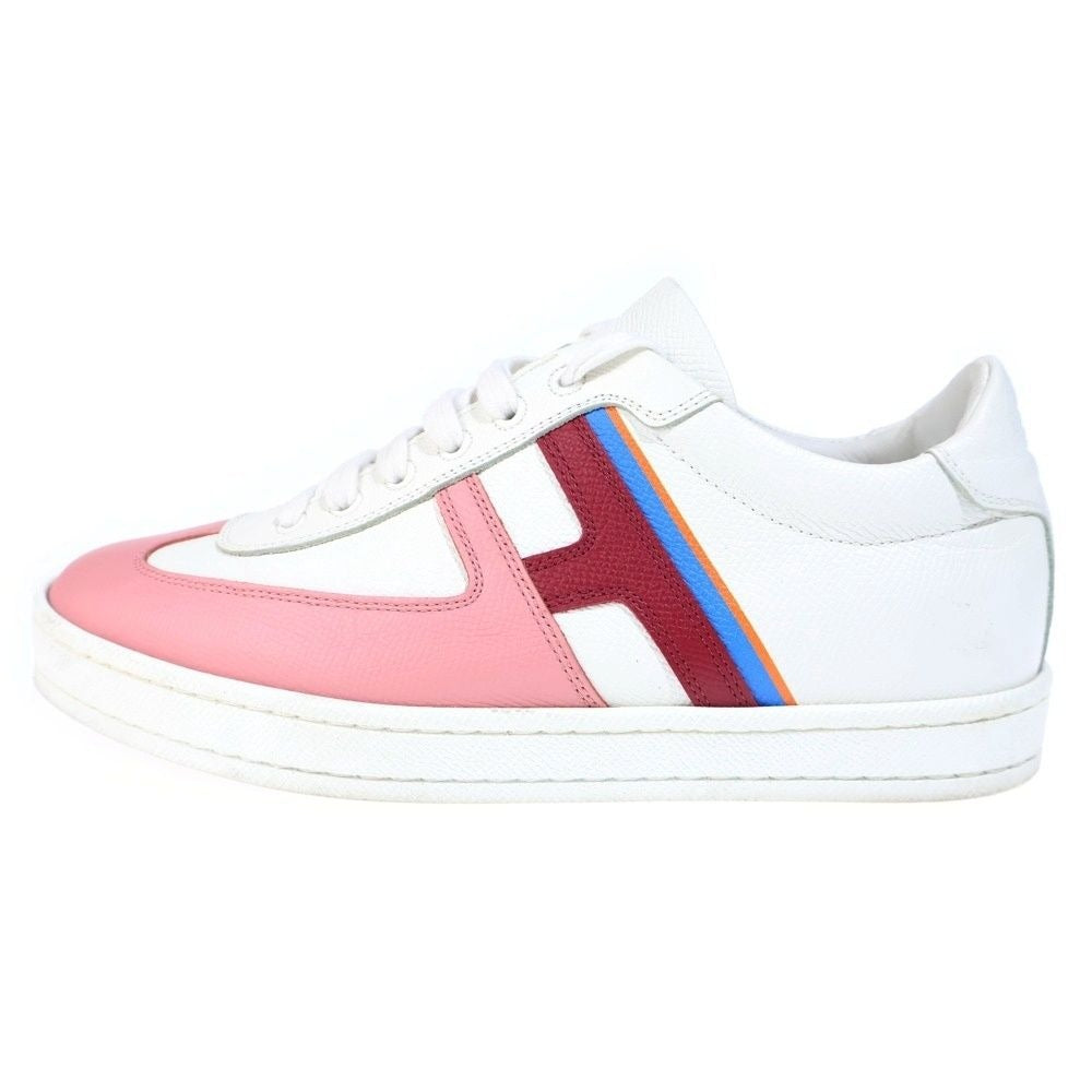 Hermes Boomerang Leather Lace Up Sneakers White Pink
