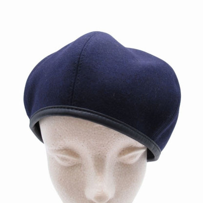 Hermes Gabrielle Beret Wool Jersey Leather Trim Series Button Hat 56 cm Navy