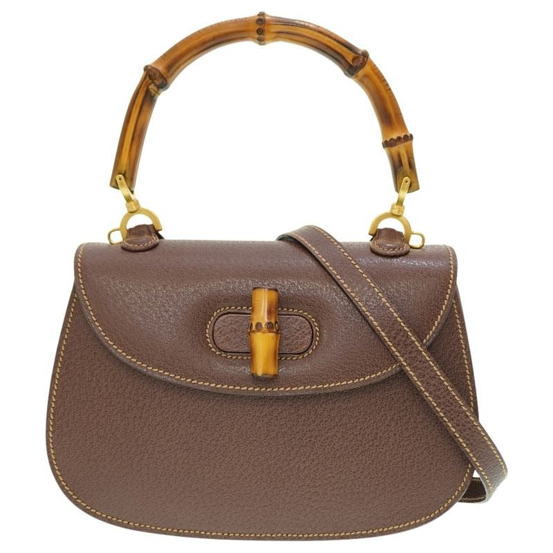 Gucci Bamboo Shoulder Handbag Leather Brown 0084 Vintage With Strap