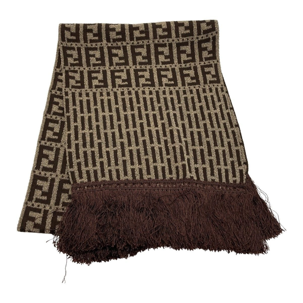 Fendi Zucca Pattern Fringe Muffler Brown Wool Stole Scarf
