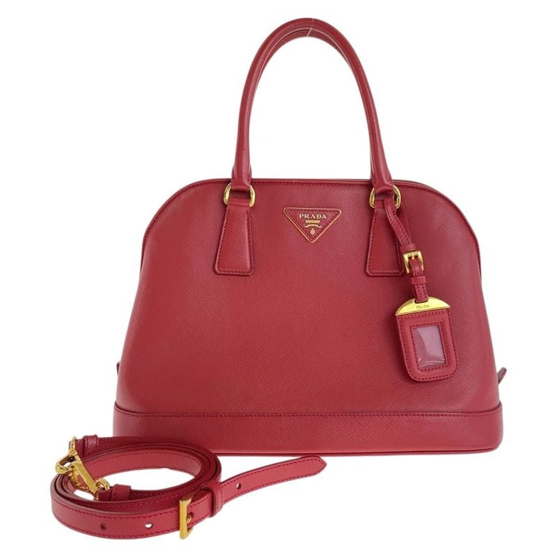 Prada Saffiano Triangle Logo Plate Red Gold Hardware Leather Handbag
