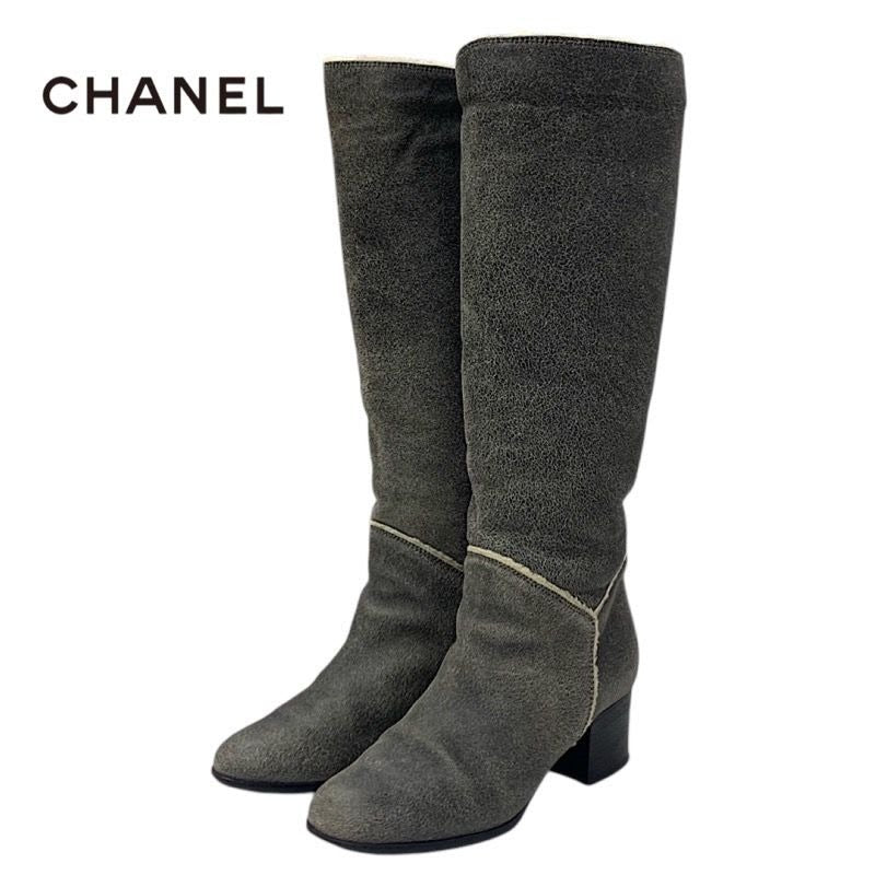 Chanel Boots Long Shoes Leather Shearling Gray Coco Mark