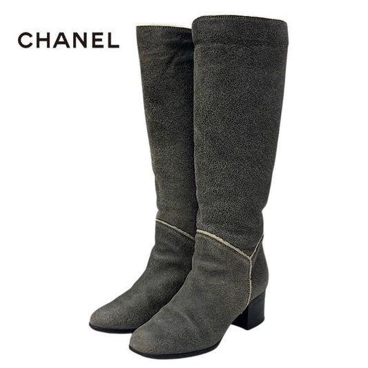 Chanel Boots Long Shoes Leather Shearling Gray Coco Mark