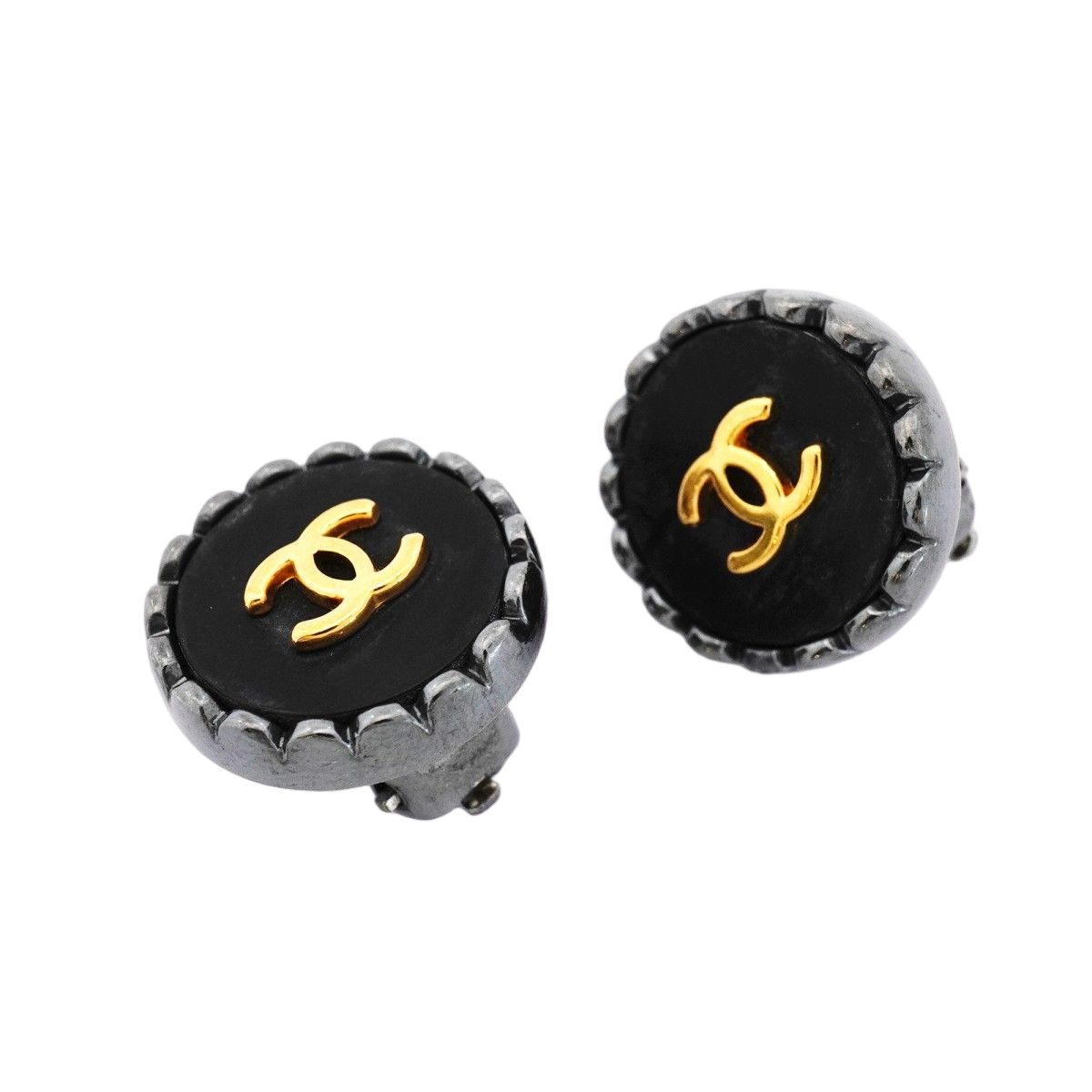 Chanel Earrings Vintage CC Logo Metal Gold Black Cles — view 2