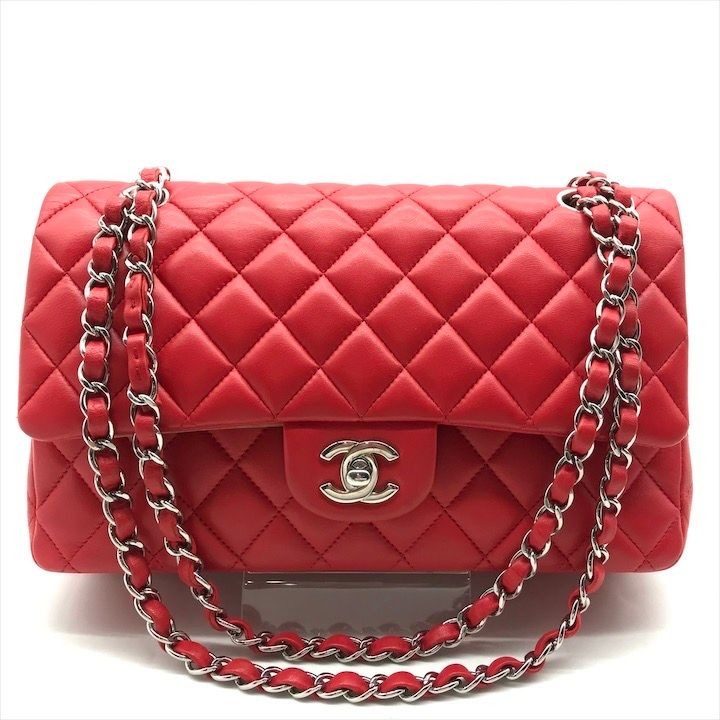 Chanel CC Logo Turnlock Quilted Lambskin Chain Shoulder Bag Red Purse