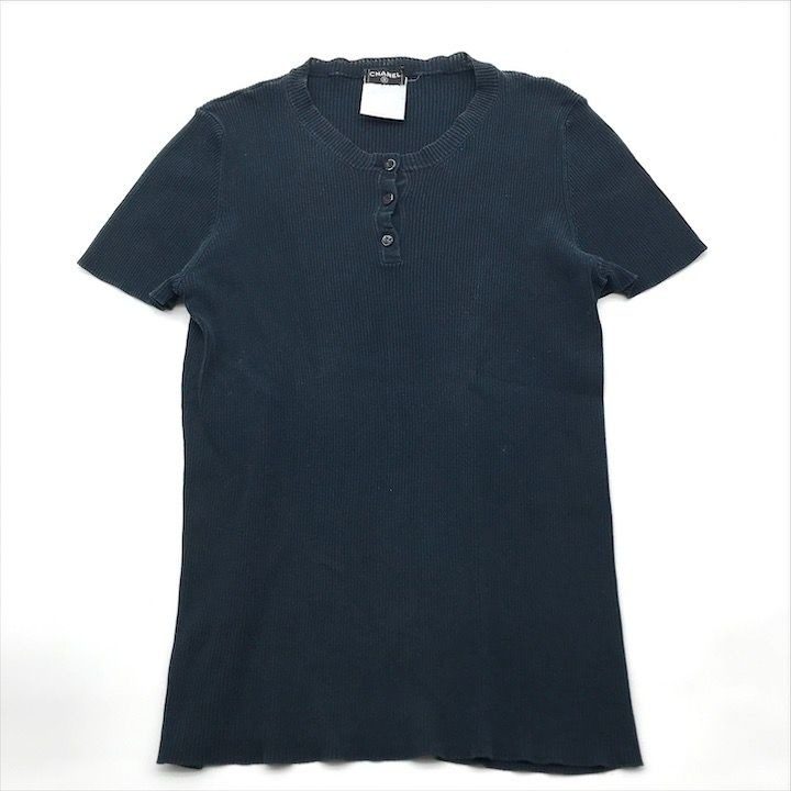 Chanel CC Logo Button Rib Knit Short Sleeve Top Navy Sweater