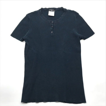 Chanel CC Logo Button Rib Knit Short Sleeve Top Navy Sweater