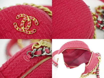 Authentic Chanel 19 Coco Mark Chain Mini Shoulder Bag Pochette Tweed Pink Coco
