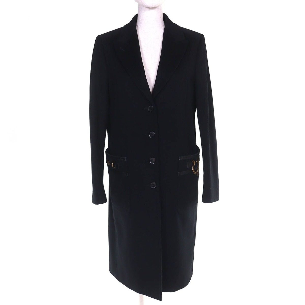Gucci Wool Horsebit Leather Piping Single Chesterfield Coat Black Gold 42