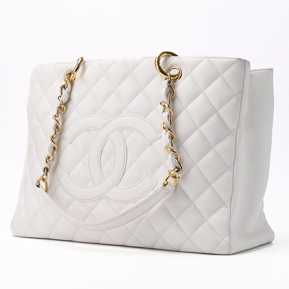 Chanel Matelasse GST Coco Mark Double Chain Shoulder Caviar Skin White With