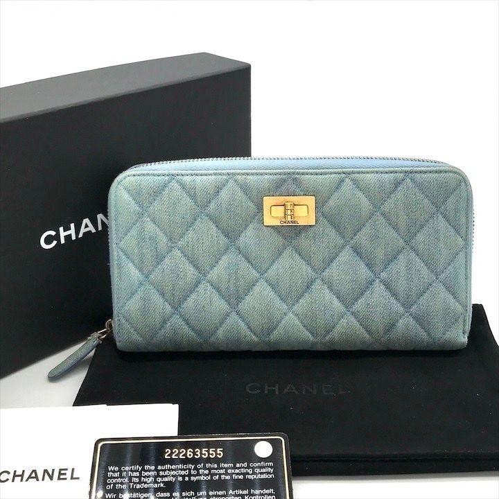 Chanel CC Logo Quilted Denim Zip Around Wallet Blue