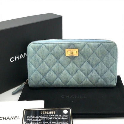 Chanel CC Logo Quilted Denim Zip Around Wallet Blue
