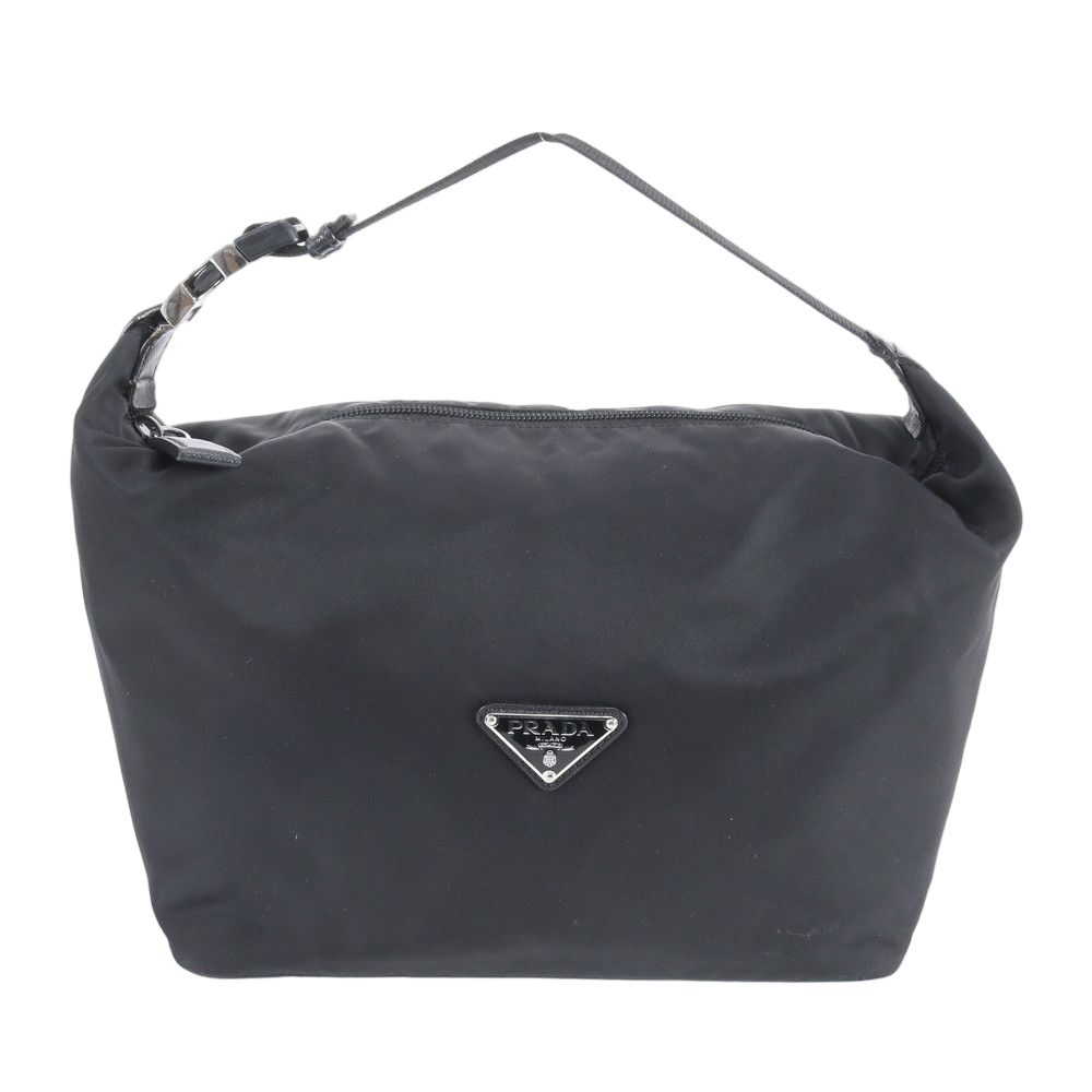 Prada Tessuto Nylon Triangle Logo Pouch Leather Handbag Tote