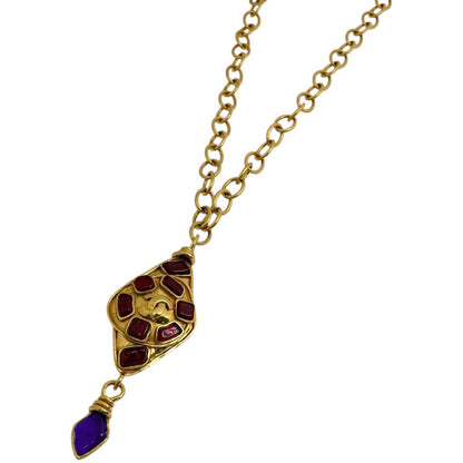 Chanel CC Logo Color Stone Necklace Gripoix Long Gold Plated