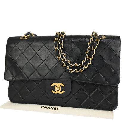 Chanel Matelasse Double Flap Chain Shoulder Bag Black Gold Hardware 898bs154