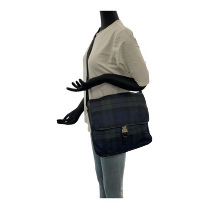Prada Tessuto Triangle Logo Plate Checked Green Blue Black Silver Hardware