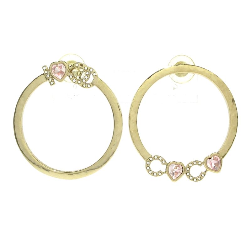 Chanel Earrings Gold X Pink Heart / Coco / Rhinestone / Hoop